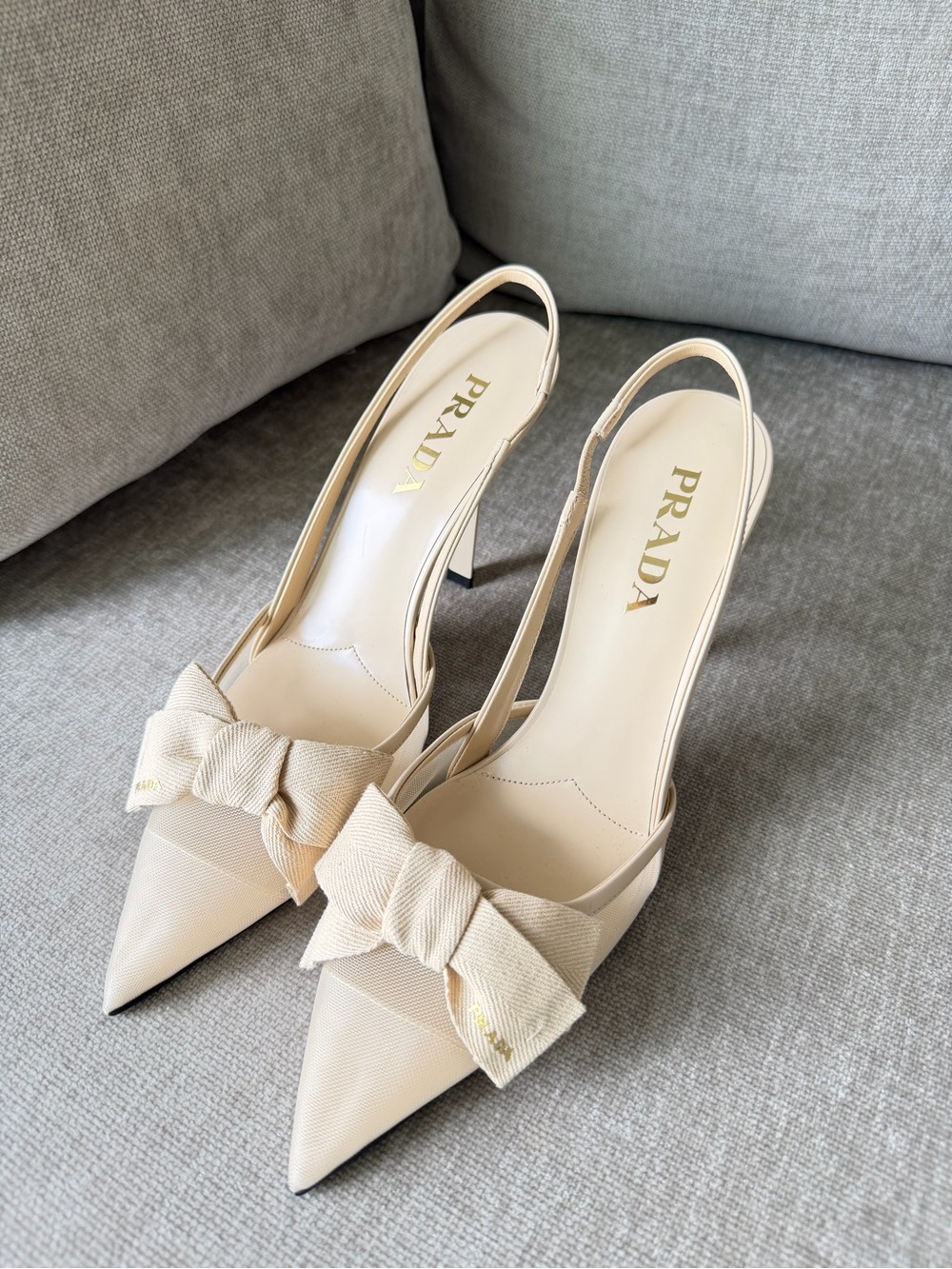 Prada Cream Pointed Bow Slingback Pumps - Picture 4 of 9